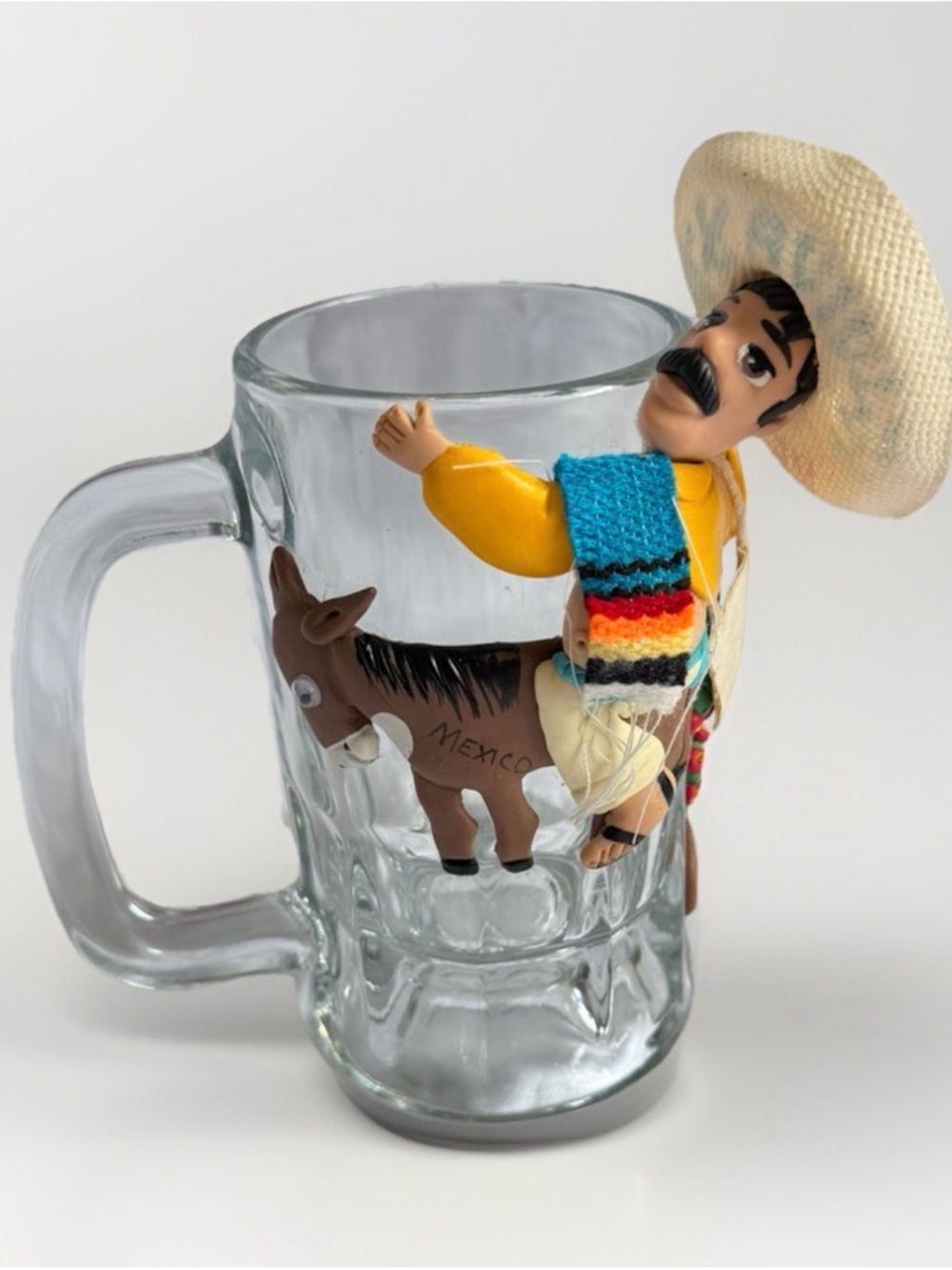 Vintage Viva Mexico Clay Figure Glass Beer Mug Souvenir Sombrero Donkey 6"